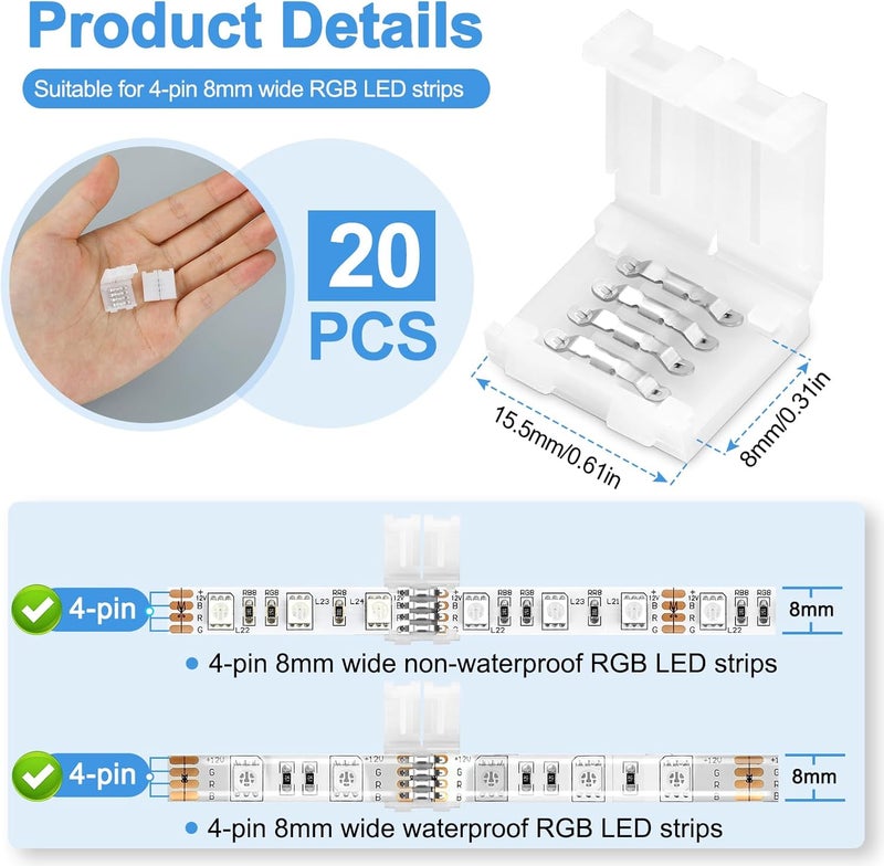 Pmxary 20Pcs 4 Pin LED Strip Connectors for 8mm Wide RGB LED Strip Lights, Solderless Unwired LED Light Connectors, Easily Extend or Splice 4-Pin 8mm Multicolor Strips - Image 2